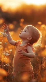 Toddler reaching toward wildflowers in warm sunset field.
