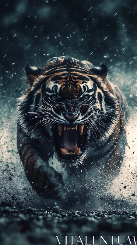 Digital render shows tiger running forward in wet terrain