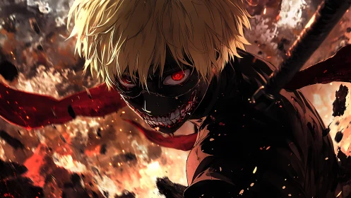 Masked antihero lunges forward through chaotic flames