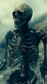 Weathered skeletal sentinel in misty wasteland gloom stands.