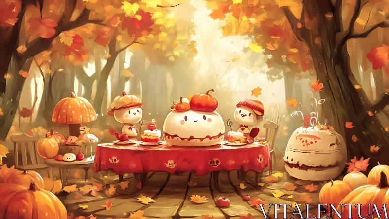 Cozy woodland pumpkin tea party amid glowing autumn leaves.