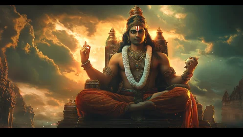 Seated deity figure is centered against illuminated clouds