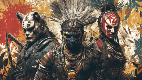 Tribal warriors in stylized armor against abstract foliage.
