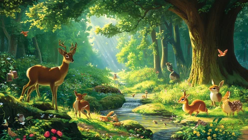 Sunlit forest chorus gathers around a whispering stream