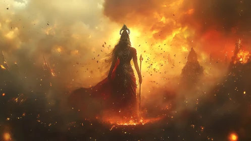 Mythic fire goddess amid pyroclastic battlefield haze.