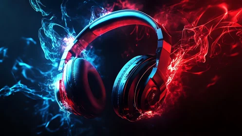 Over-ear headphones with red and blue smoke lighting effect.