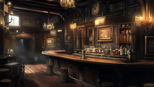 Victorian mahogany whisky bar interior with warm rim lighting