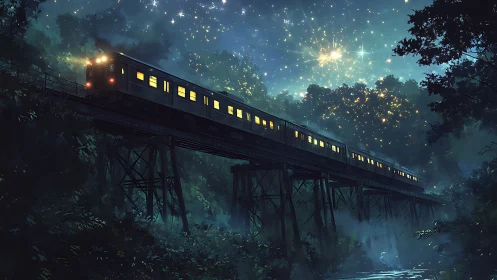 Starlit forest train gliding softly through the night sky.