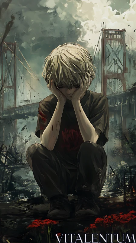 Grief-curled boy beneath a broken bridge of stormed steel.