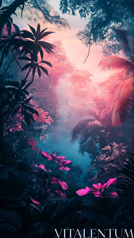 Bioluminescent jungle canopy under split-tone atmospheric haze