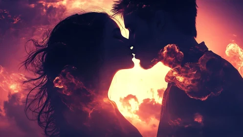 Silhouetted couple kissing against fiery sunset sky