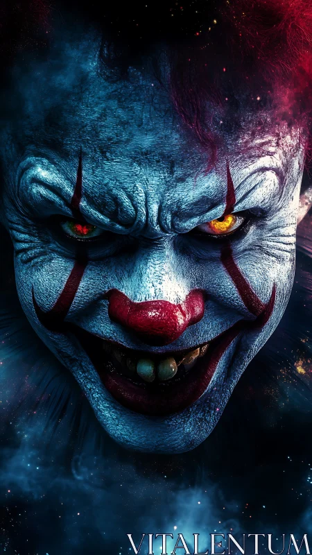 Close frontal render shows blue clown face with yellow eyes