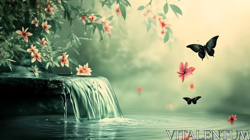 Tranquil waterfall with blooming flowers and butterflies, digital art.