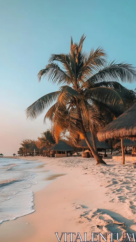 Palm Tree Silhouetted Against Tropical Beach Sunset.