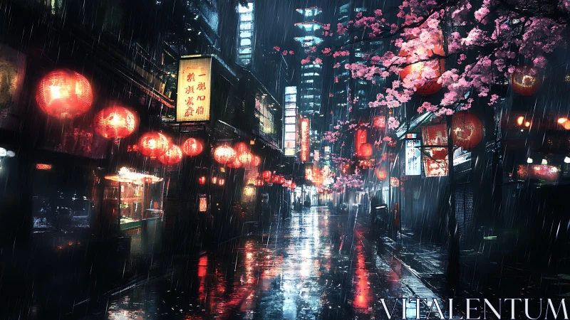 Neon city alley in rain with lanterns and cherry blossoms.