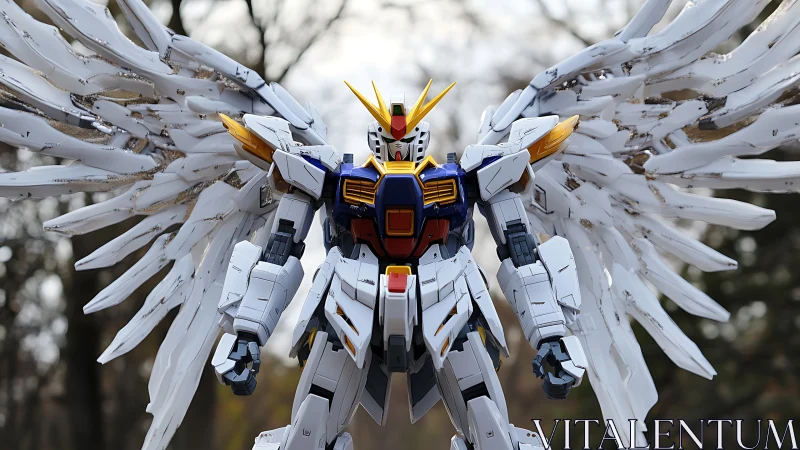 Winged mecha model stands outdoors in frontal symmetrical pose
