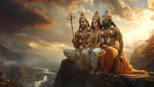 Sunlit divine trio resting above a dreaming valley at dusk.