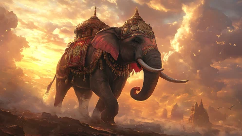 Majestic armored elephant in luminous sunset digital painting.