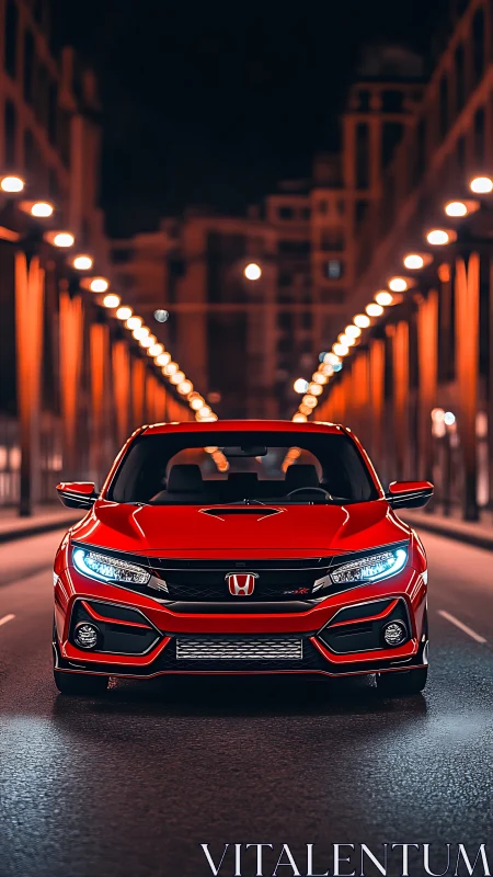 Photorealistic red Honda in nocturnal urban vanishing-point grid.