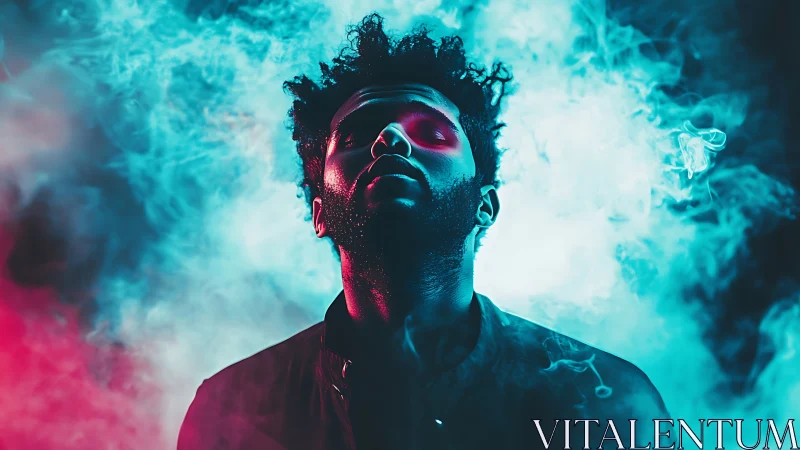 Neon-lit portrait immersed in cyan and magenta haze.