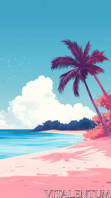 Tropical Paradise Beach with Palm Tree and Vibrant Sky.