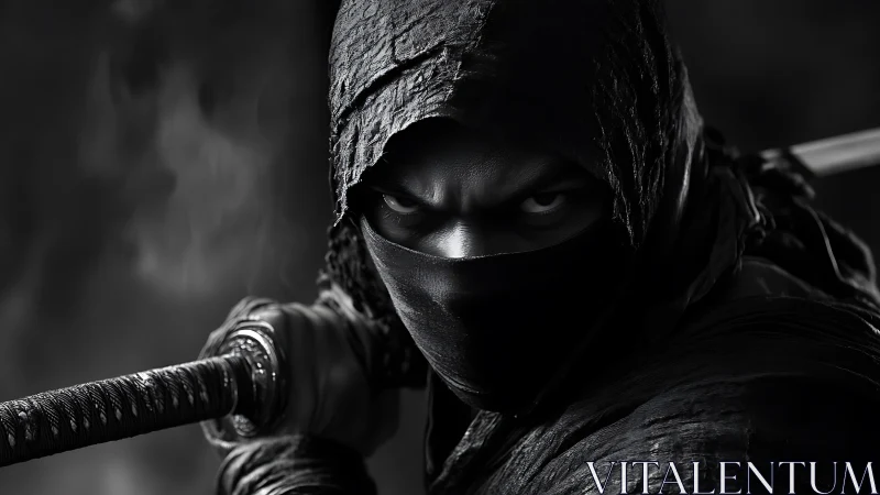 Intense masked ninja warrior gripping katana in shadows.