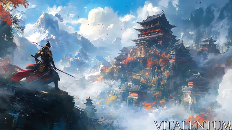 Armored warrior surveying multi-tiered mountain citadel complex.