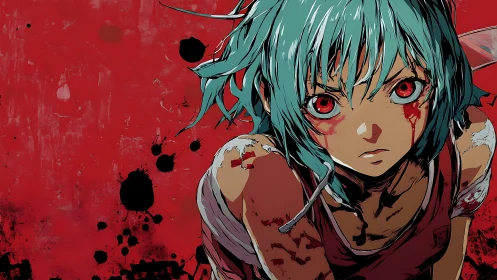 Blood-splattered teal warrior glares through a storm of red