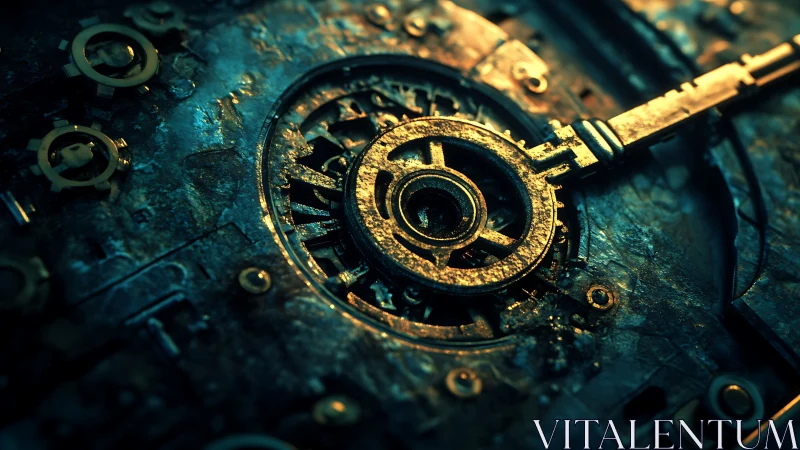 Cyberpunk radial lock mechanism with corroded brass detailing.