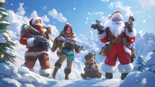 Tactical Santa strike team in stylized alpine combat gear.