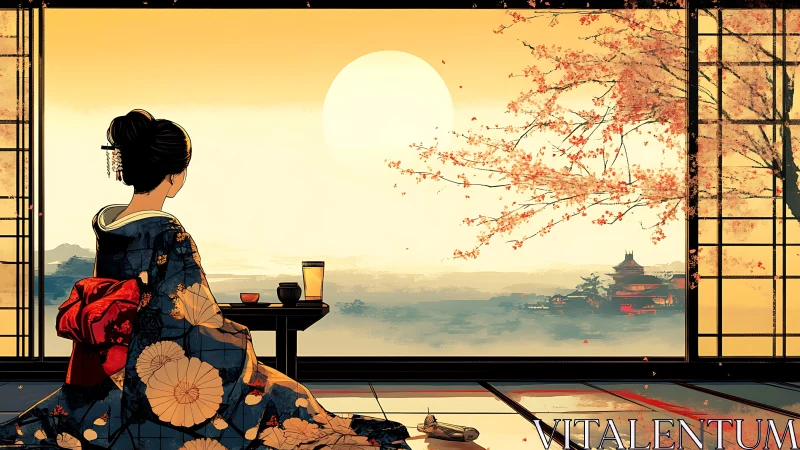 Geisha in kimono observing sunset over distant temple.