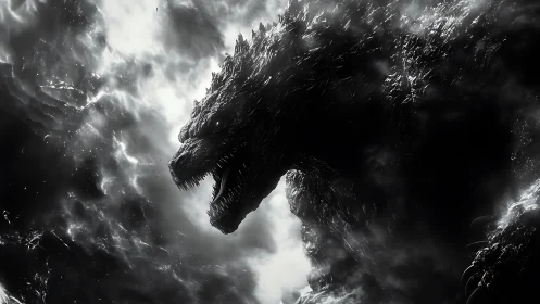 Monochrome dragon silhouette emerging from dense clouds.