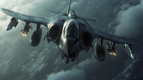 Predatory attack jet descending through stormlit clouds.