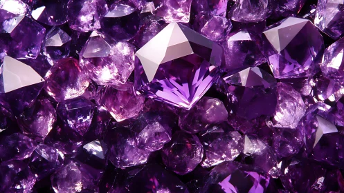 Photorealistic faceted amethyst cluster with central gem focus.