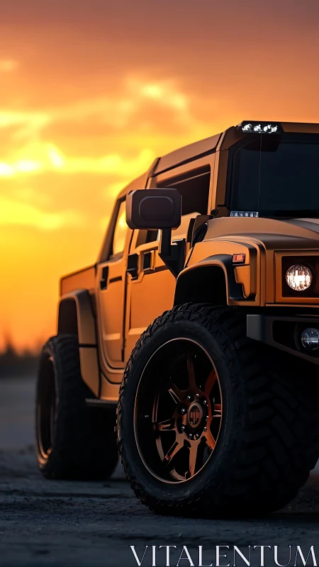 Orange off-road SUV rendered against sunset sky backdrop.