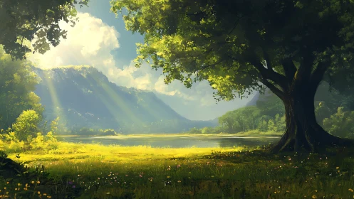 Sunlit forest guardian watches over a shimmering valley lake