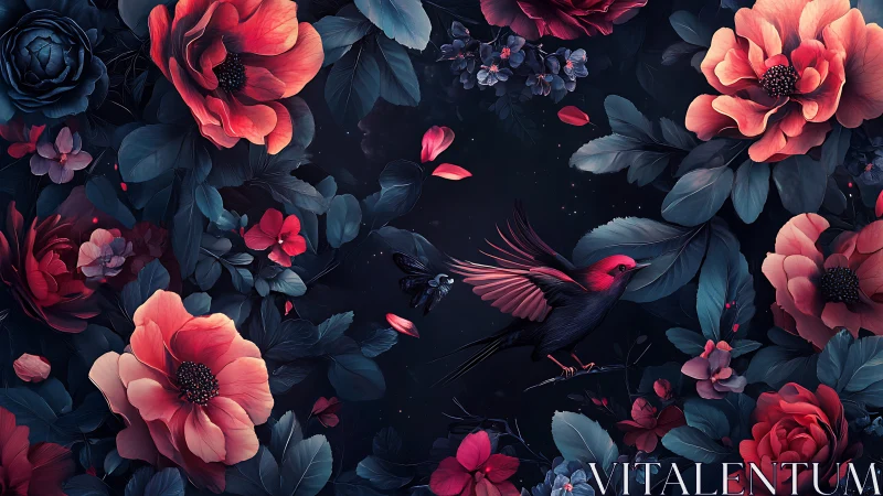 Nocturn Garden: Coral Blooms & Winged Shadows Dance.