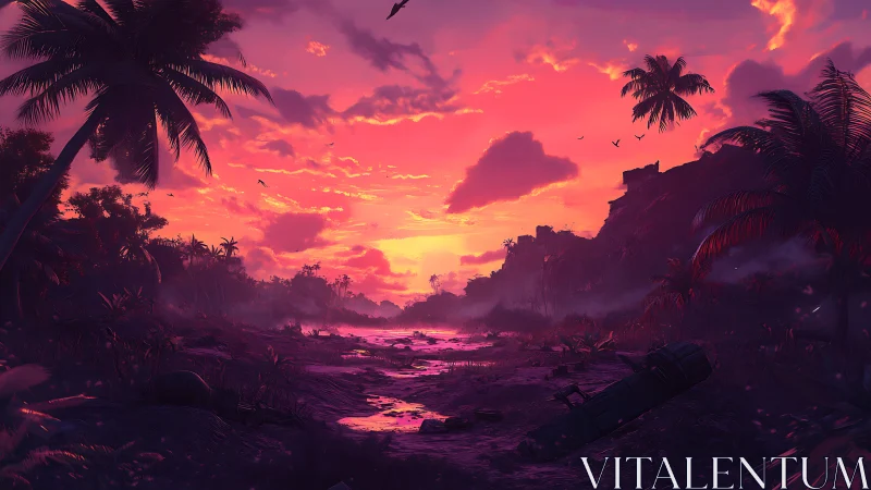 Sunset river wandering through misty tropical wreckage.