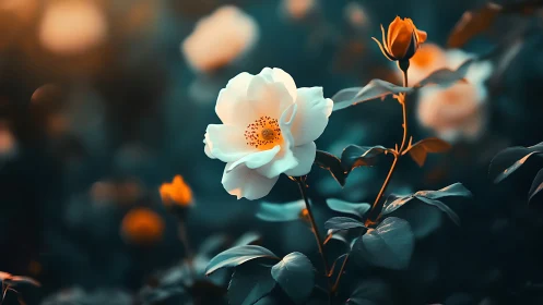 Delicate Rose Blooms Against Teal Garden Shadows.