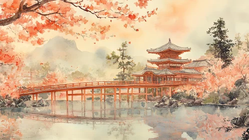 Blushing Sakura Bridge Guarding a Misty Temple Dreamscape.