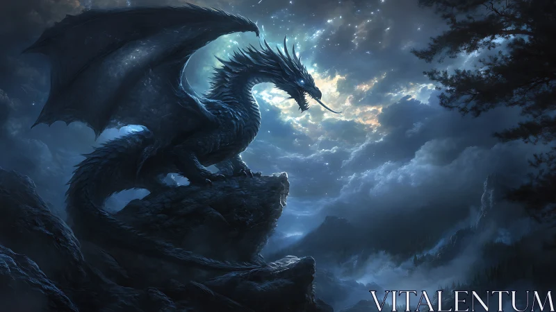 Winged reptilian creature rests on cliff under cloudy night sky