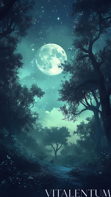 Luminous Moon Framed by Ancient Forest Canopy at Night