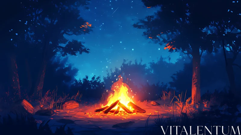 Campfire Under Starlit Forest Canopy at Dusk.