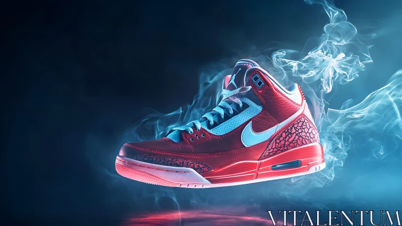 Vibrant red and blue sneaker in smoky, dramatic studio lighting.