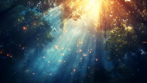 Sunbeams through dense forest canopy with suspended particles.