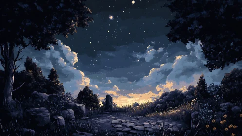 Starlit forest path opening gently toward a sleepy dawn sky.