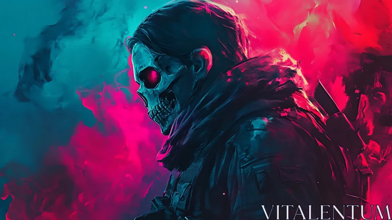Tactical skull-masked operative in neon cyan magenta vapor cloud