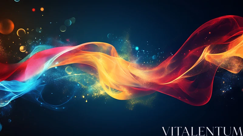 Digital painting of luminous spectral ribbon waves in motion.