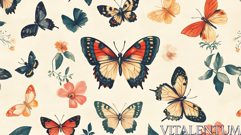 Multispecies lepidopteran pattern with botanical accentuation.