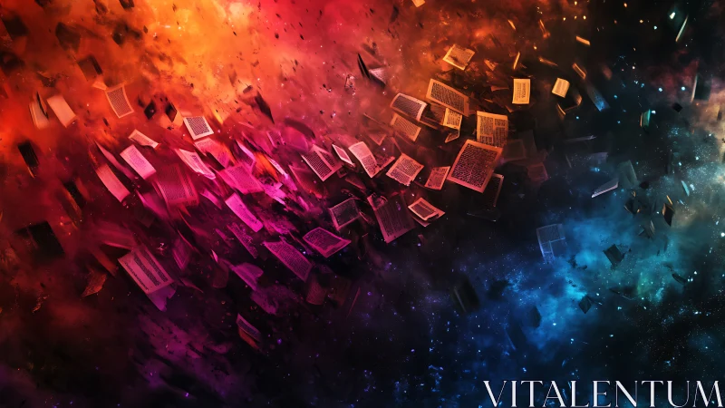 Exploding pages swirl through cosmic nebula in vibrant motion